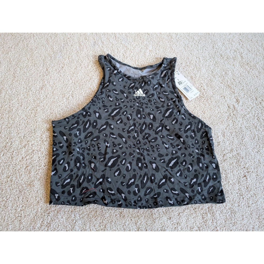 Adidas Womens Gray Leopard Print Crop Tank Top NWT Large IN9930